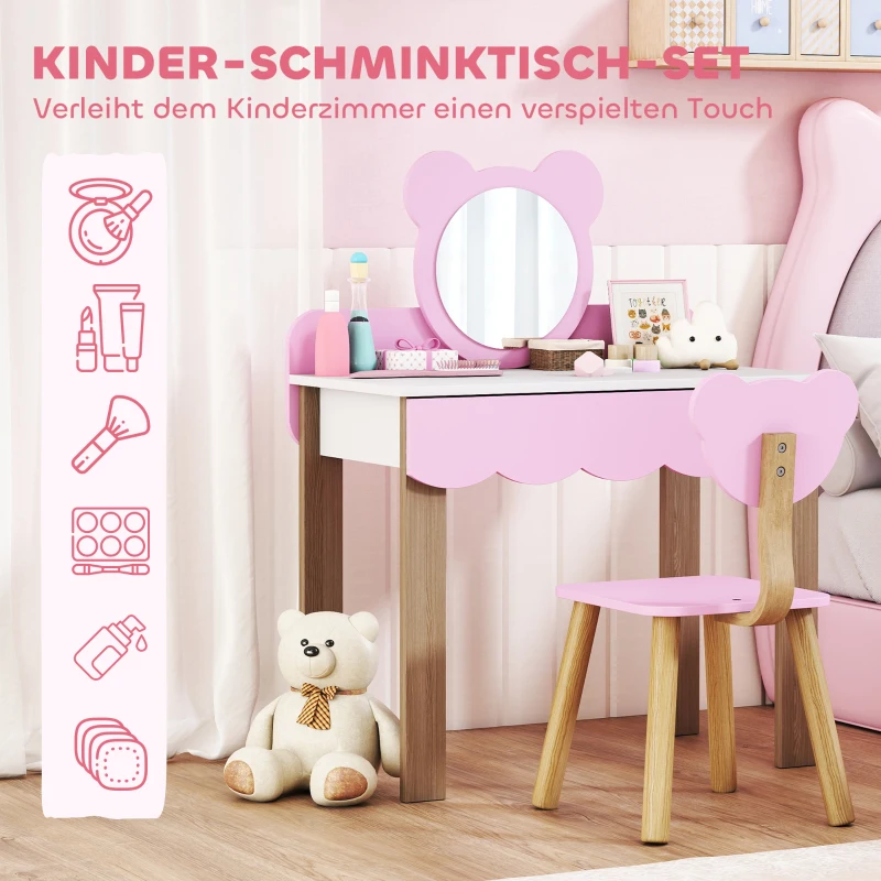 AIYAPLAY Frisiertisch-Set mit Hocker für Kinder, Schminkspiegel, Bärchenform, Schublade, MDF, Rosa