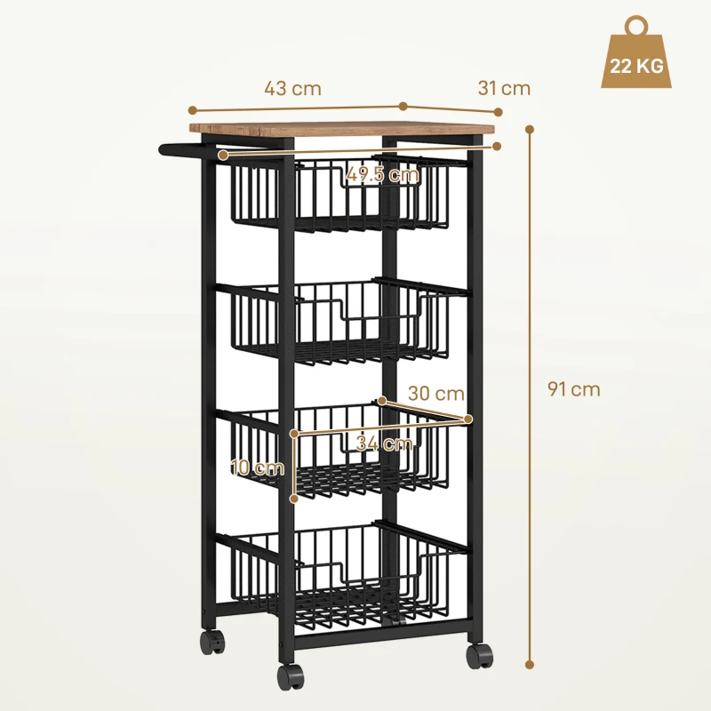 HOMCOM Carrello da Cucina con 4 Cestini Estraibili, Ruote e Freni, Acciaio e Legno, 49.5x31x91 cm, Rovere