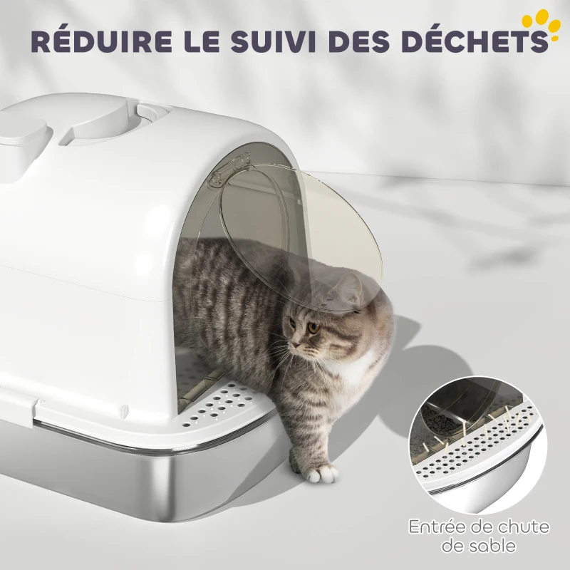 PawHut Maison de toilette pour chat bac à litière fermé bac acier inoxydable, nettoyage facile, 52,4 x 41,3 x 39,9 cm, blanc