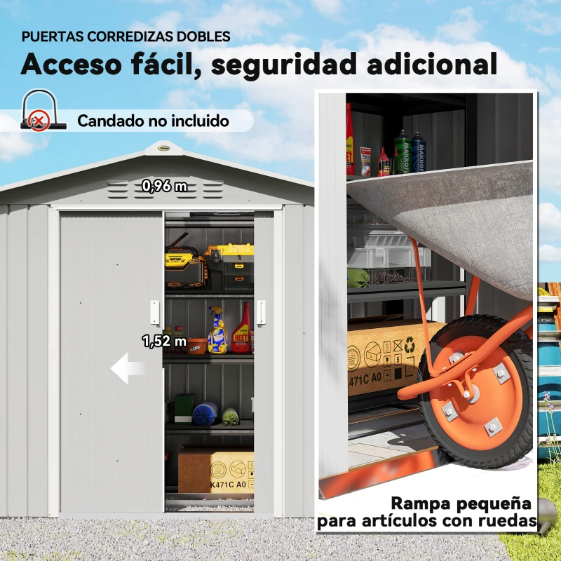 Outsunny Caseta de Jardín 213x130x185 cm con Puertas Correderas y Claraboya para Almacenamiento de Herramientas Gris Plata