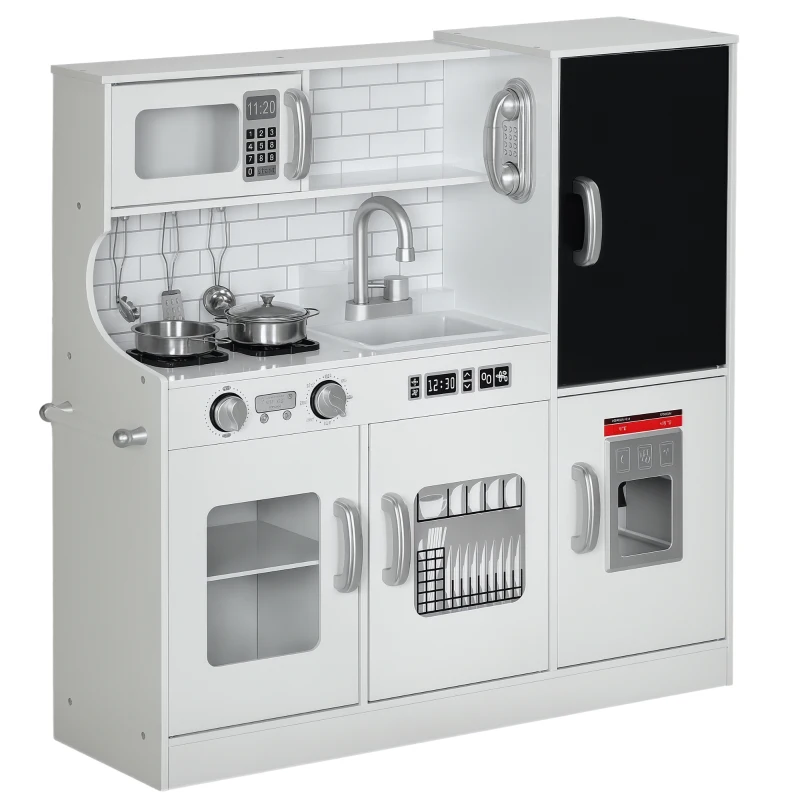 AIYAPLAY Cucina per Bambini di +3 Anni con Accessori per Cucinare Lavagna Macchina del Ghiaccio e Telefono 83,8x26,8x81 cm Bianco