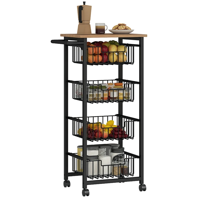 HOMCOM Carrello da Cucina con 4 Cestini Estraibili, Ruote e Freni, Acciaio e Legno, 49.5x31x91 cm, Rovere
