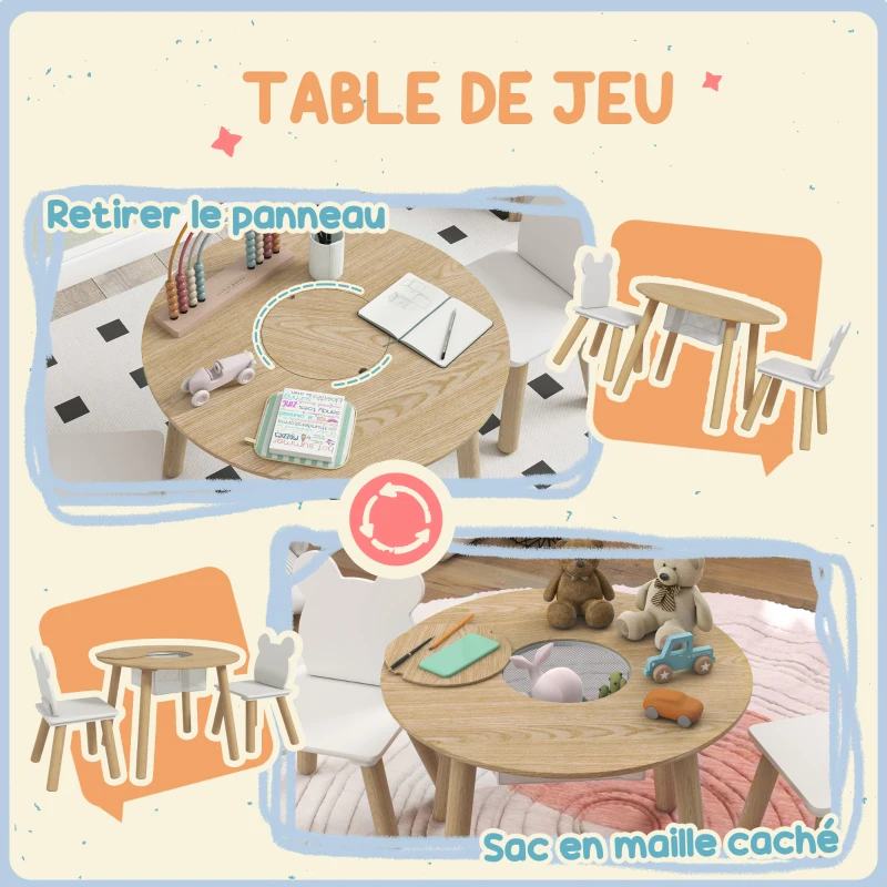 AIYAPLAY Ensemble 1 table ronde, 2 chaises pour enfant 3 pièces, dossier en forme d'ours, activités, bricolage, repas, 3-6 ans