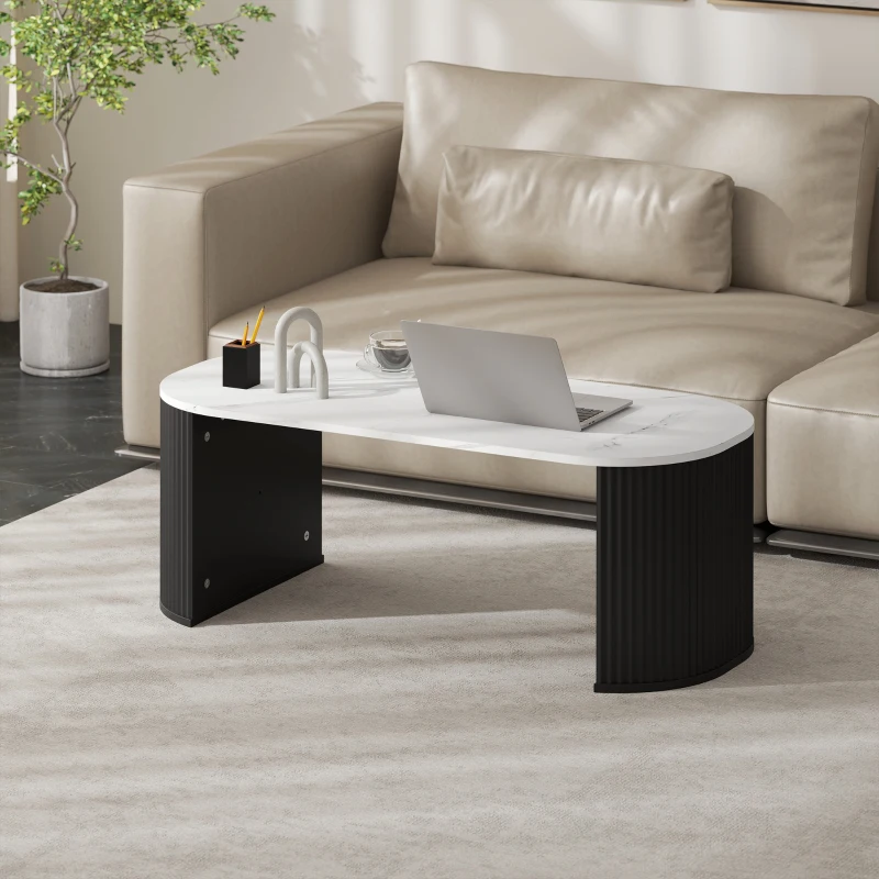 HOMCOM Table basse ovale, table d'appoint aspect effet marbre, coins arrondis pieds épais, 110 x 50 x 40 cm, noir