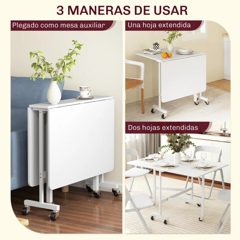 HOMCOM Mesa de Comedor Plegable para 4-6 Personas con Ruedas y Alas Abatibles Mesa Abatible para Cocina 120x80x73 cm Blanco