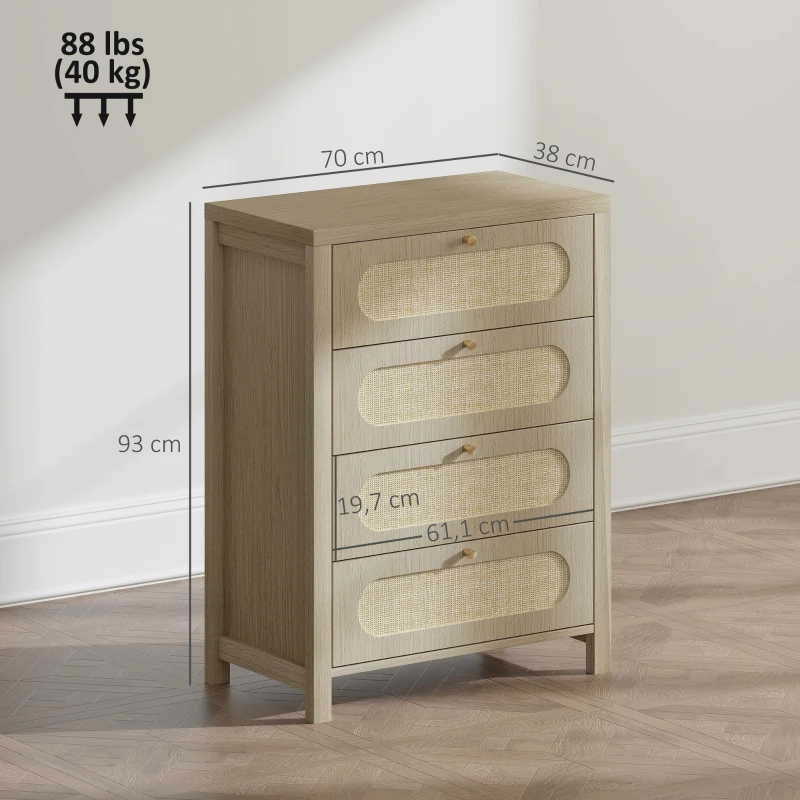 HOMCOM Cómoda 4 cajones mueble de almacenamiento estilo bohemio con puertas resina trenzada, 70 x 38 x 93 cm, efecto madera natural