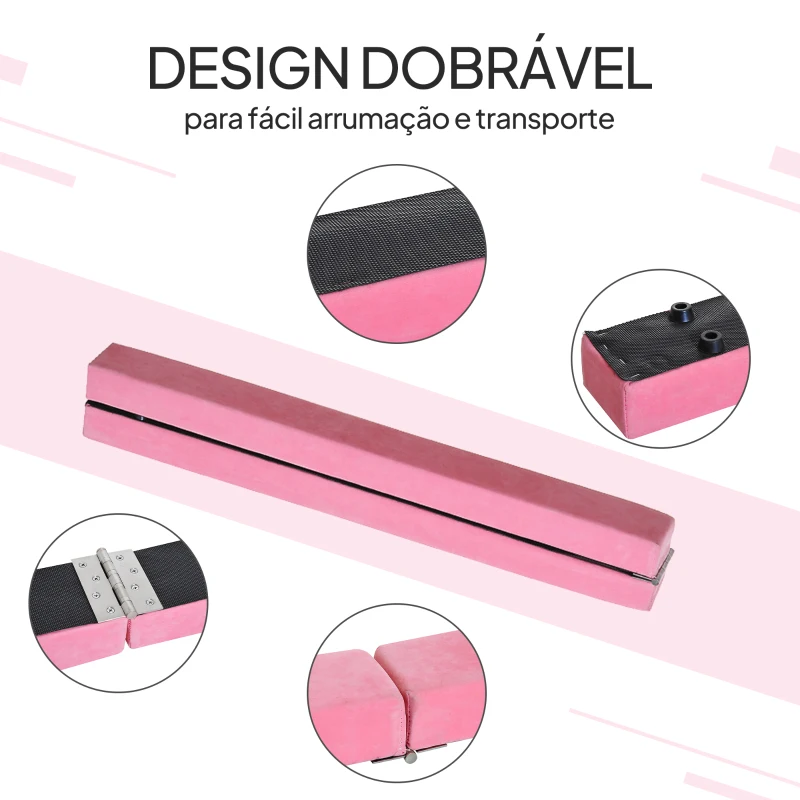 HOMCOM Barra de Equilíbrio Ginástica Dobrável 210 cm Barra de Ginástica Artística para Crianças Iniciantes e Ginastas 210x10x6,5 cm Rosa