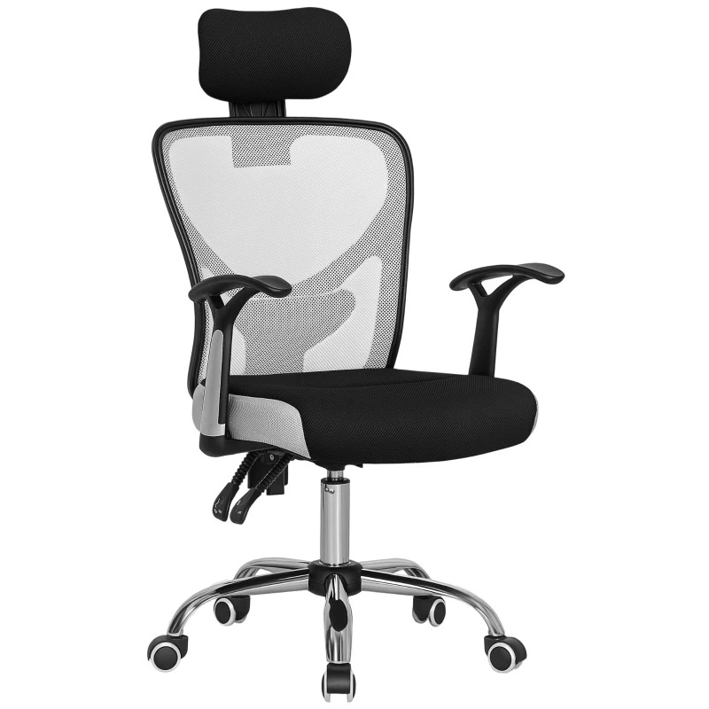 Vinsetto Chaise de Bureau Pivotante avec Hauteur Ajustable Dossier Inclinable Appuie-Tête Réglable et Support Lombar Gris