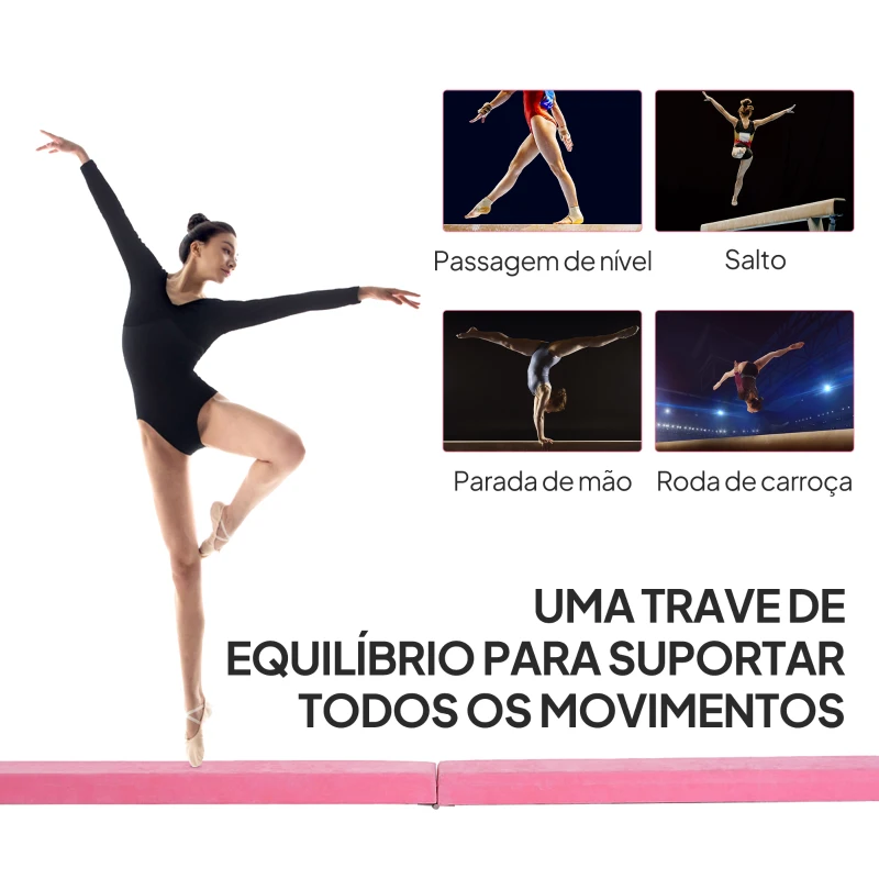 HOMCOM Barra de Equilíbrio Ginástica Dobrável 210 cm Barra de Ginástica Artística para Crianças Iniciantes e Ginastas 210x10x6,5 cm Rosa