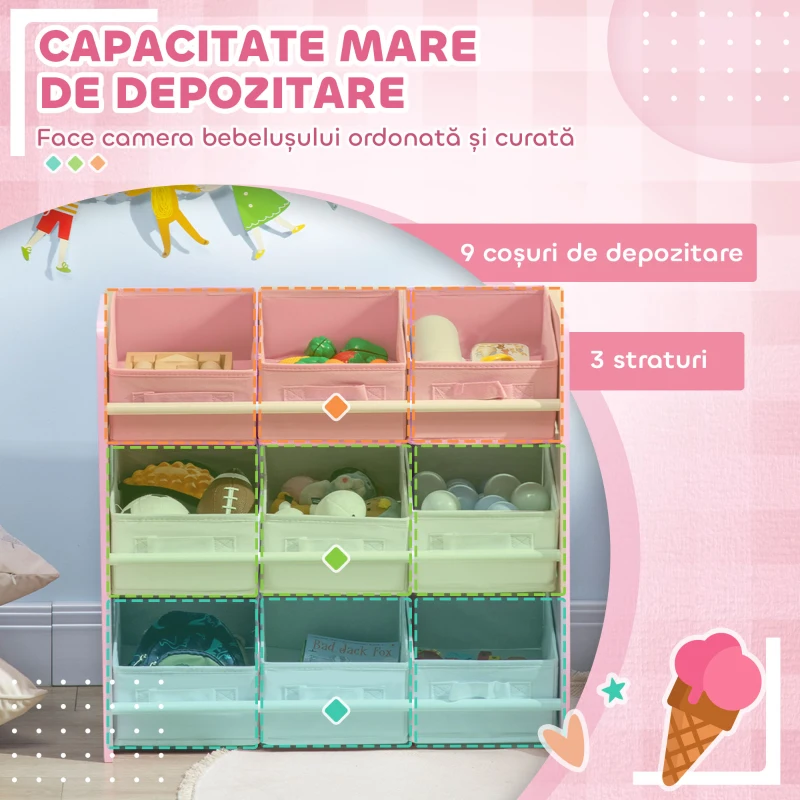 ZONEKIZ Dulăpior de Jucării cu 9 Coșuri Detașabile din MDF și Material Textil Roz