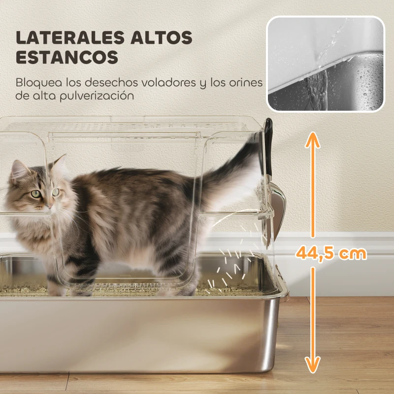 PawHut Arenero para Gatos de Acero Inoxidable XL con Tapa Abatible Laterales Altos Pala Fácil de Limpiar Antifugas Gris Claro