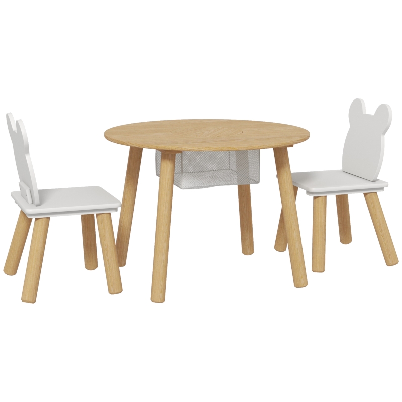 AIYAPLAY Conjunto Infantil de Mesa y 2 Sillas de Madera con Respaldo en Forma de Oso y Espacio de Almacenaje para Niños 3-6 Años