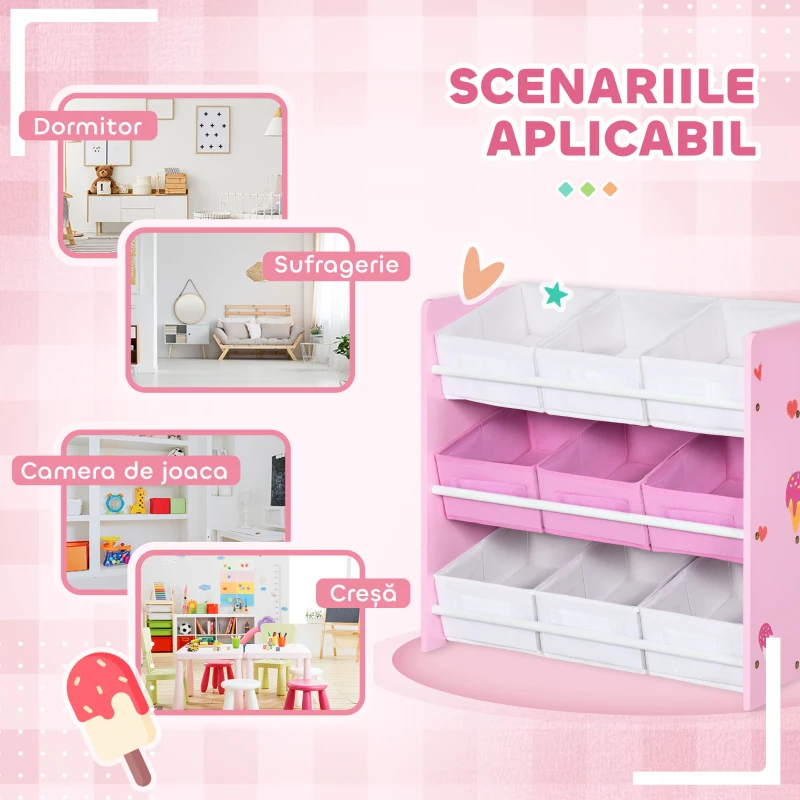 ZONEKIZ Dulăpior de Jucării cu 9 Coșuri Detașabile din MDF și Material Textil Roz