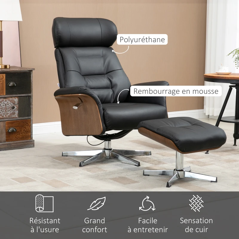 HOMCOM Fauteuil relax avec repose-pied, fauteuil de relaxation avec dossier inclinable, têtière réglable, 80x84x108cm, noir