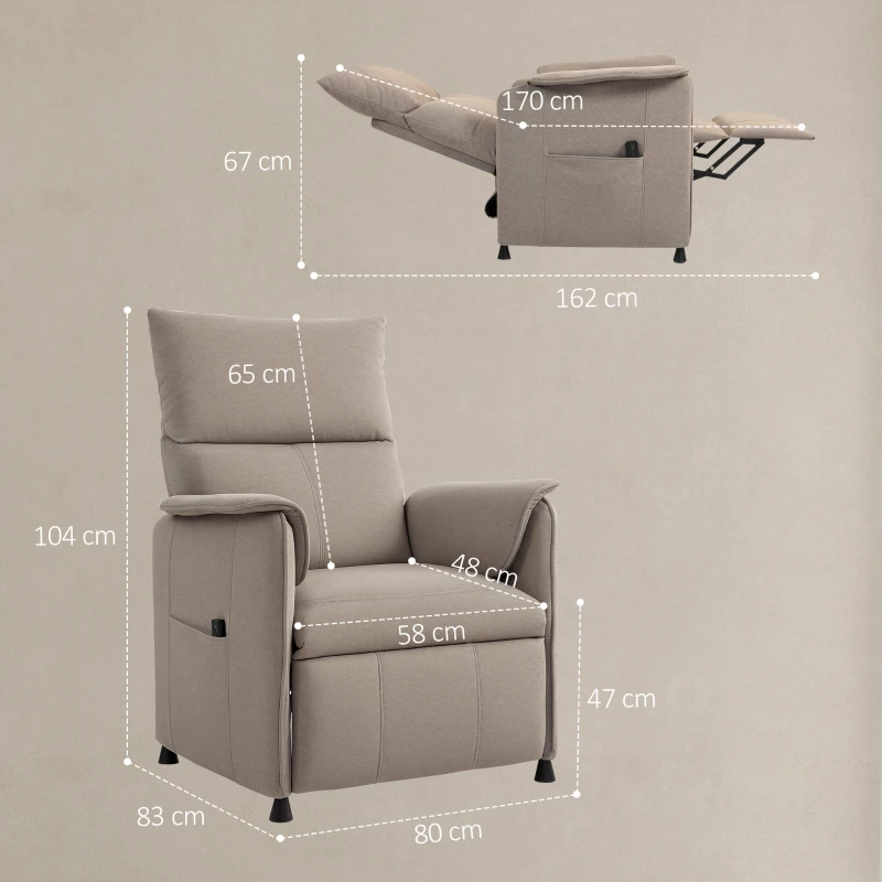HOMCOM Sillón Reclinable con Motor sin Escobillas Reposapiés Tapizado Resistente y Bolsillos Laterales 80x83x104 cm Marrón