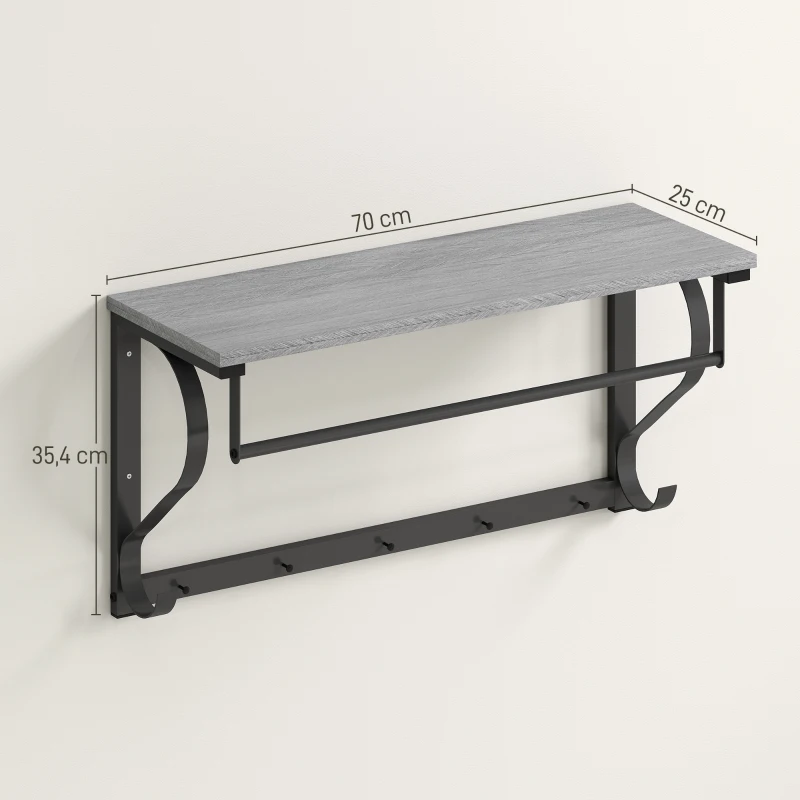 HOMCOM Wandmontierter Kleiderständer, Kleiderhaken, 5 Haken, oberes Fach, vielseitig, Grau