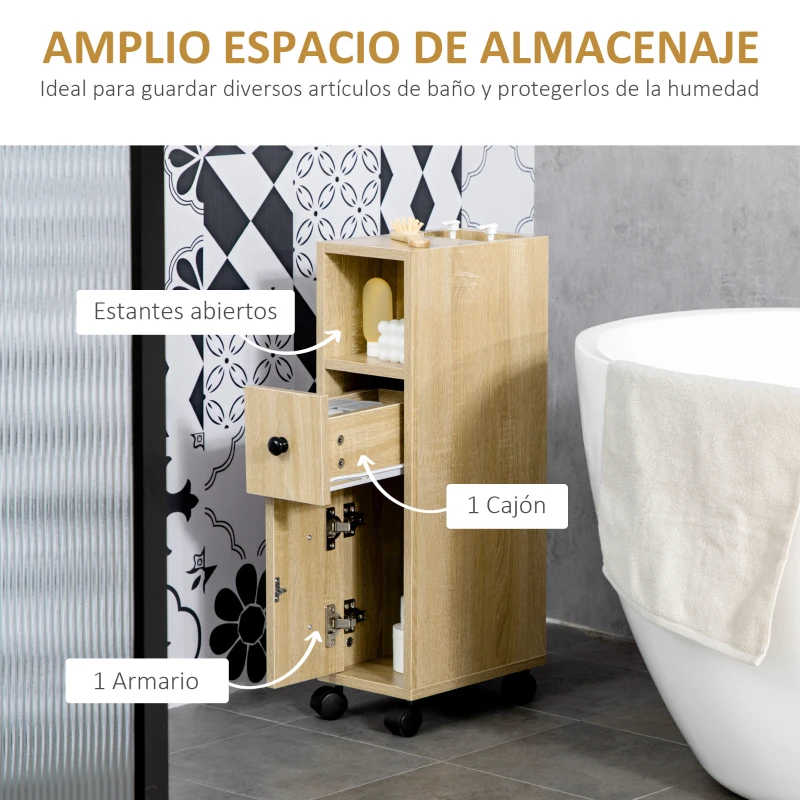 kleankin Armario de Baño con Ruedas Mueble Auxiliar para Baño con Estante Abierto Puerta y Cajón 18x30x68,5 cm Roble