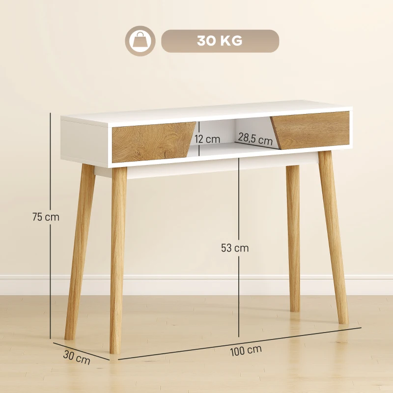 HOMCOM Consola de Recibidor con 2 Cajones Compartimento y Patas de Madera para Pasillo Entrada Entrada Salón Blanco