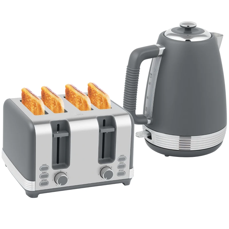 HOMCOM Stainless Steel Kettle and Toaster Set, 1.7L 3000W Rapid Boil Jug Kettle with UK Strix Thermostat, Limescale Filter, 4 Slice Toaster with 7 Browning Controls, Crumb Tray, Grey and Silver Tone