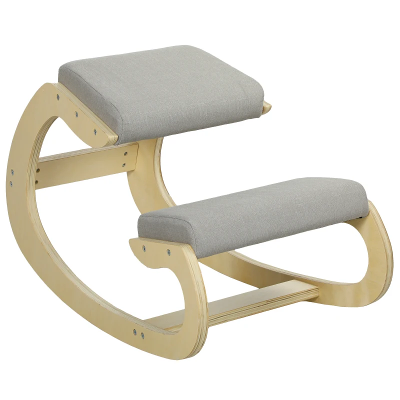 HOMCOM Sedia Ergonomica con Inginocchiatoio e Reclinabile, in Tessuto Effetto Lino e Legno, 55x85x55 cm, Grigio Chiaro