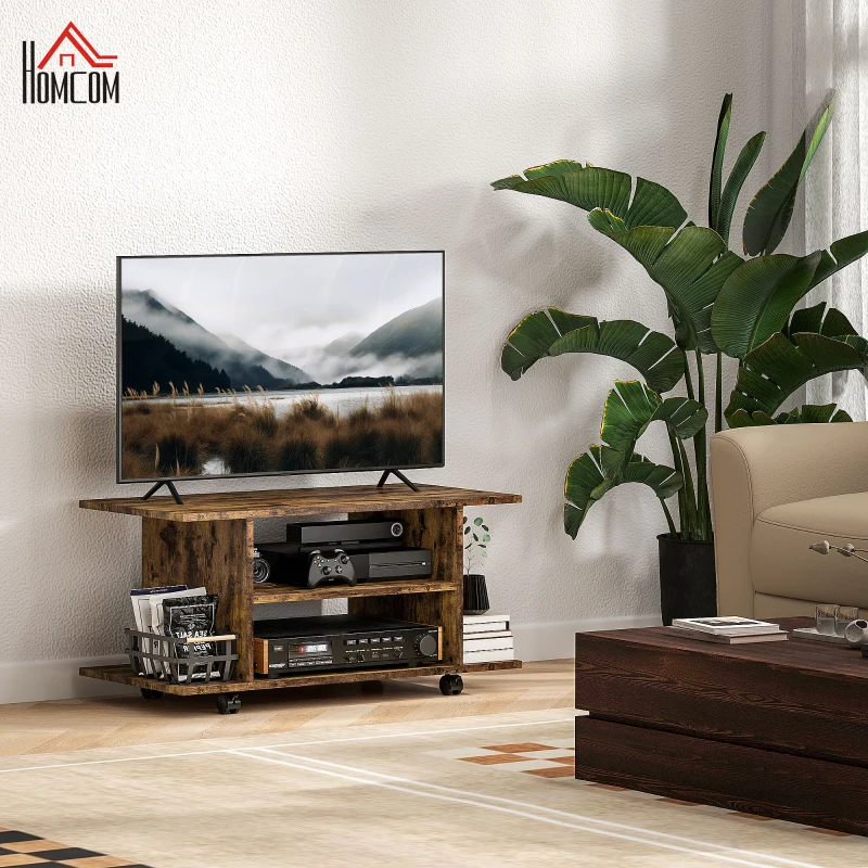 HOMCOM Mobile Porta TV Moderno con Ripiani, Ruote Girevoli e Freni, 80x40x40 cm, Marrone Rustico