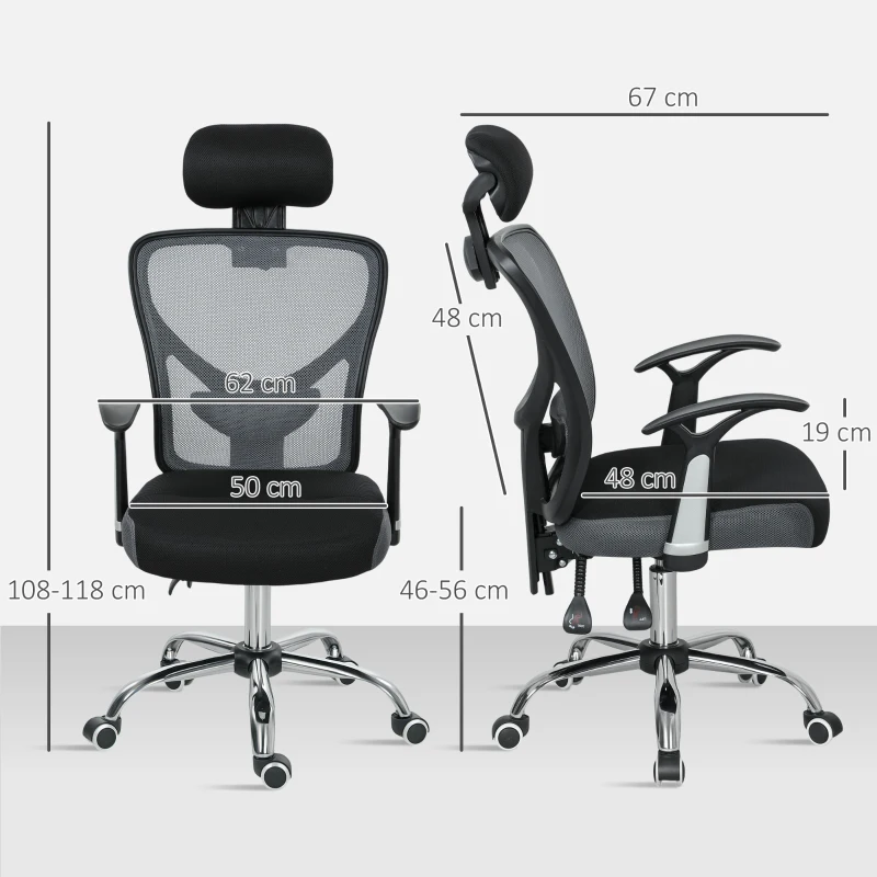 Vinsetto Chaise de Bureau Giratoire avec Hauteur Ajustable Dossier Inclinable Reposacabezas Regulable et Support Lombaire Gris Foncé