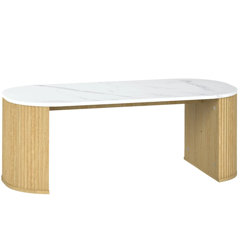 HOMCOM Table basse ovale, table d'appoint aspect effet marbre, coins arrondis pieds épais, 110 x 50 x 40 cm, blanc