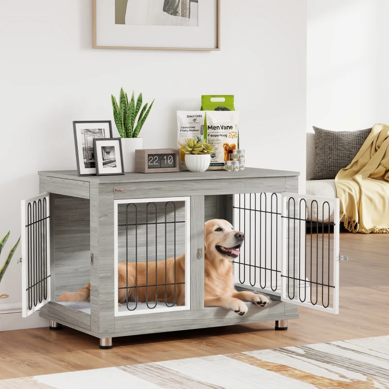 PawHut Dog Crate Furniture End Table, with Washable Cushion, Double Doors, for Medium/Large Dogs, Grey