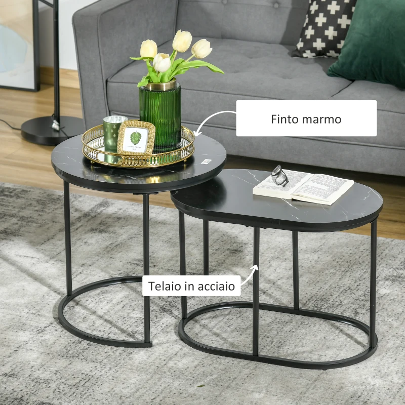 HOMCOM Set 2 Tavolini da Caffè con Piano Effetto Marmo, in Legno e Acciaio, Ø50x50.5 cm e 60x36x43.5 cm, Nero