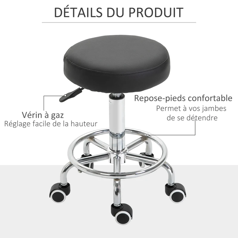 Vinsetto Taburete con Ruedas, taburete de masaje con altura ajustable 50-64 cm y asiento acolchado, giratorio 360°, negro