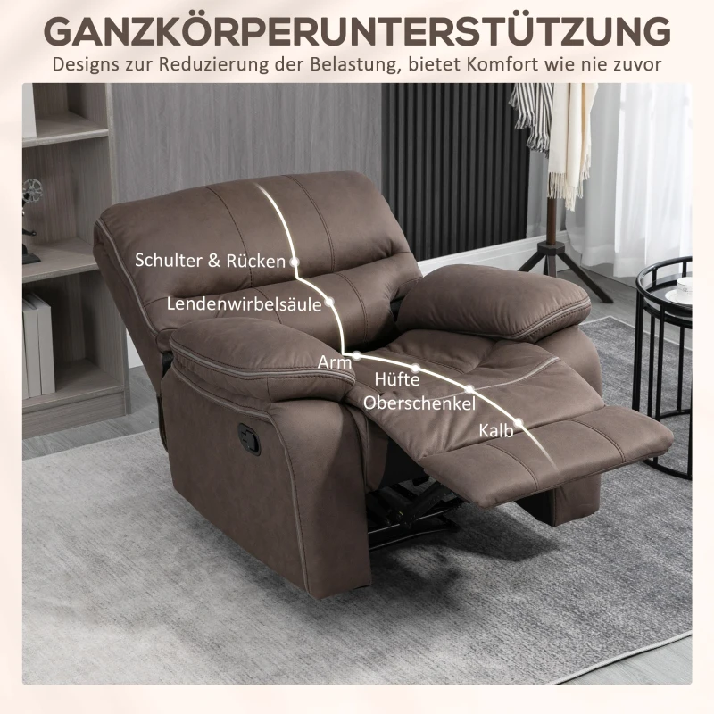 HOMCOM Polstersessel mit Fußstütze, Entspannungssessel zum Zurücklehnen, Mikrofaserbezug in Lederoptik, Metallstruktur, Braun(m-6)