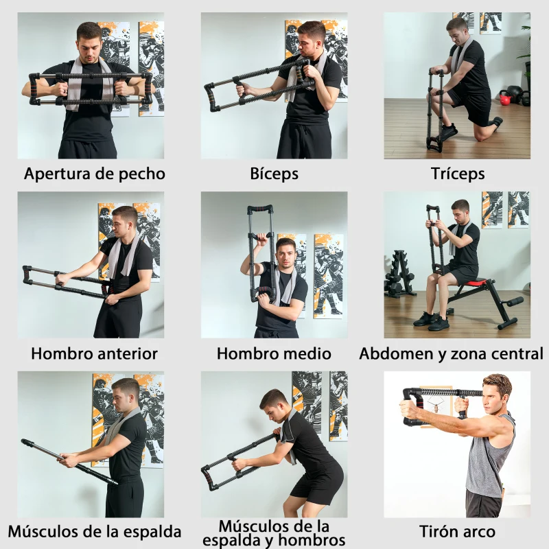 SPORTNOW Expansor de Pecho con Resistencia Ajustable de 10-50 kg para Desarrollo Muscular de Brazos 80x22x5 cm Negro