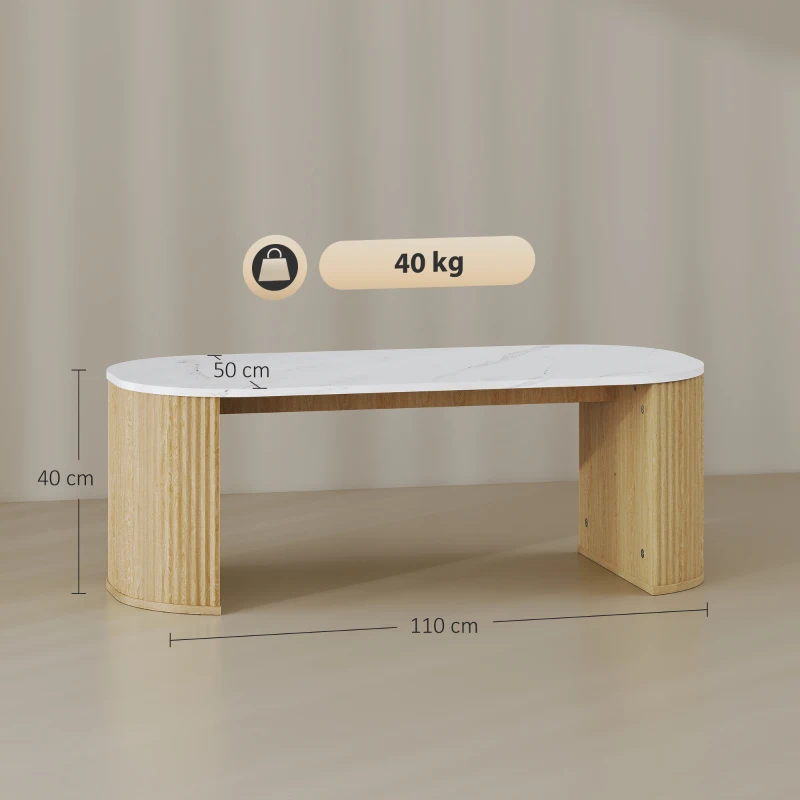 HOMCOM Tavolino ovale, tavolino d'appoggio effetto marmo, angoli arrotondati piedi spessi, 110 x 50 x 40 cm, bianco