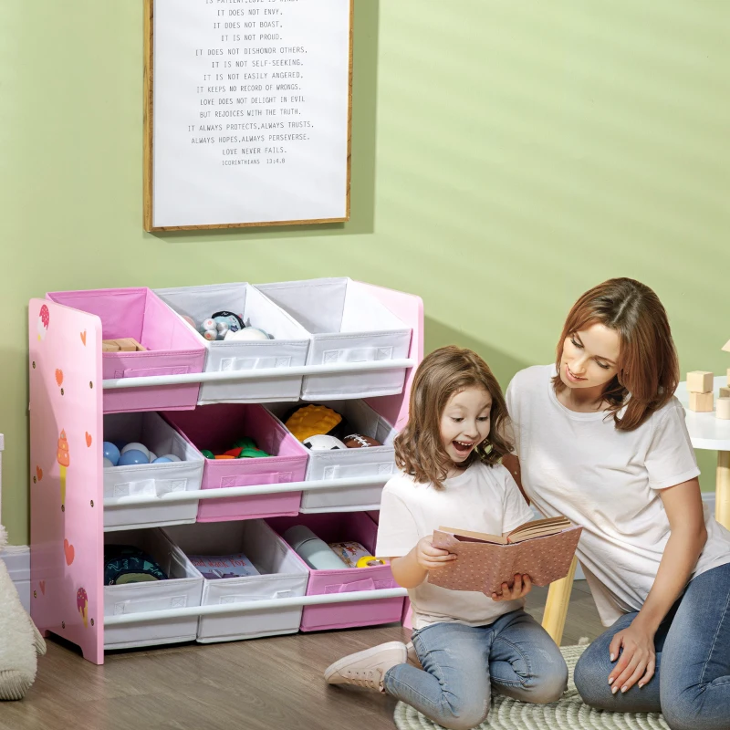ZONEKIZ Dulăpior de Jucării cu 9 Coșuri Detașabile din MDF și Material Textil Roz