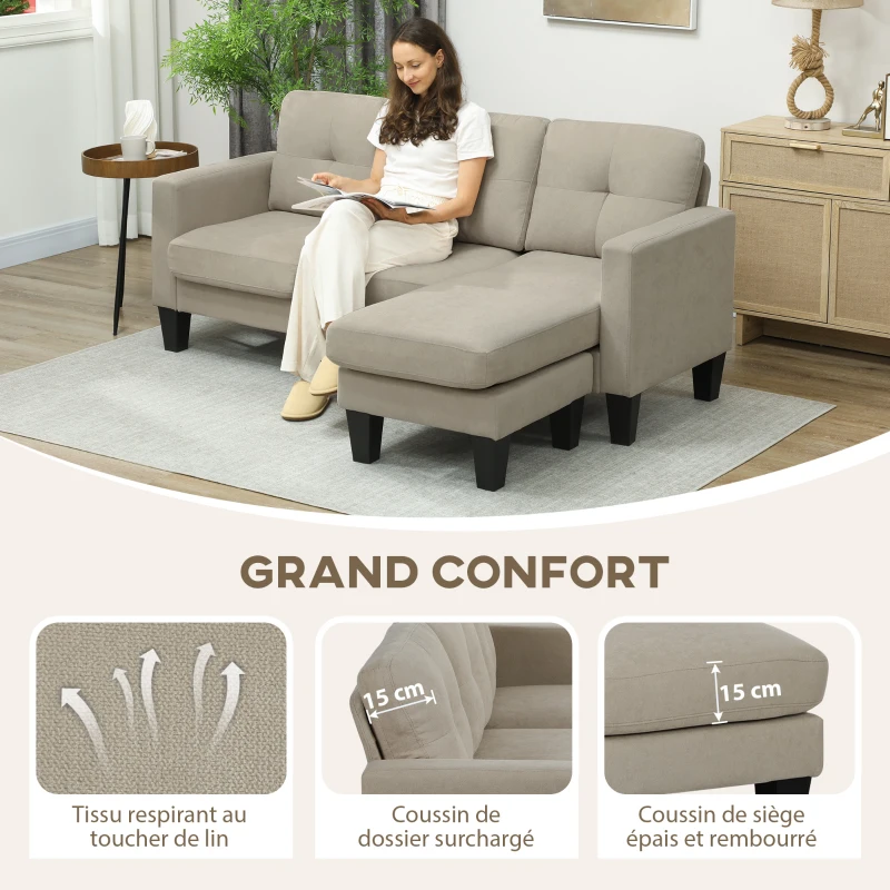 HOMCOM Canapé d'angle 3 Places méridienne réversible droite ou gauche, salon, grand confort, dossier capitonné, beige