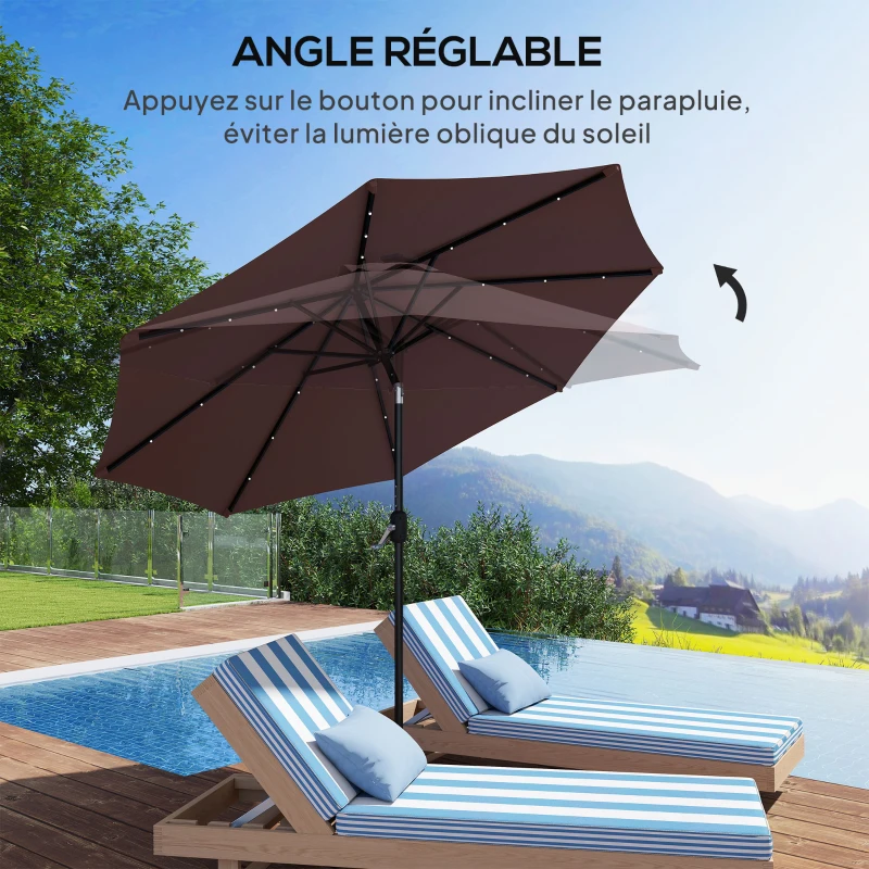 Outsunny Parasol de jardin Parasol droit Parasol Lumineux octogonal inclinable Ø 2,7 m Parasol LED Solaire métal Polyester Haute densité 180 g/m² Chocolat