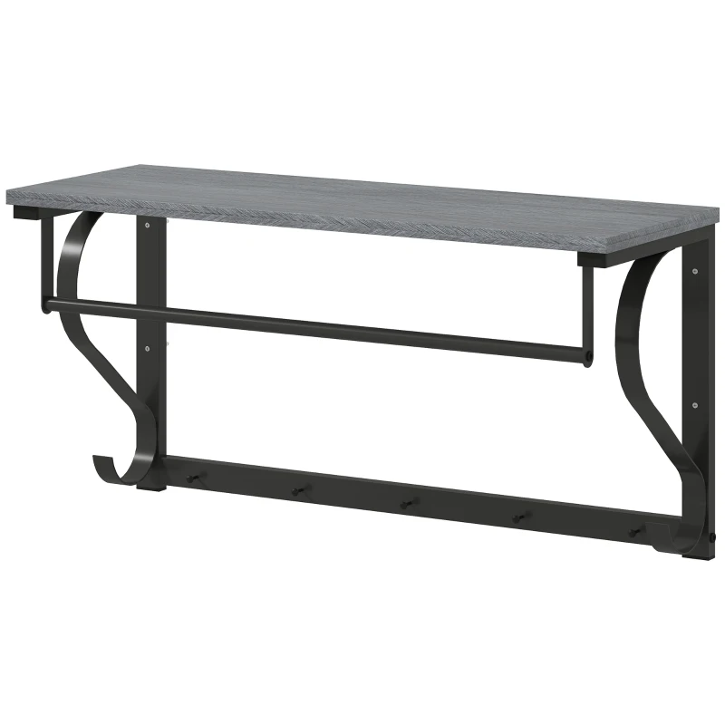HOMCOM Stand Appendiabiti a Parete, Ganci da parete, 5 Ganci, ripiano superiore, versatile, Grigio