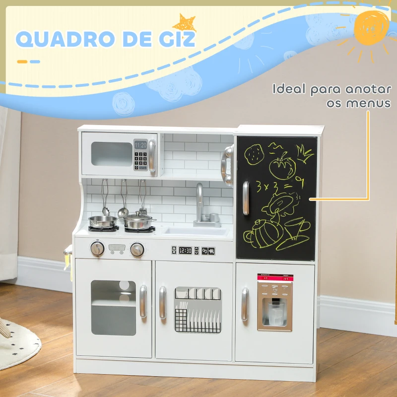 AIYAPLAY Cozinha de Brincar para Crianças Cozinha Infantil de Madeira com Acessórios Máquina de Gelo e Ardósia 83,8x26,8x81 cm Branco