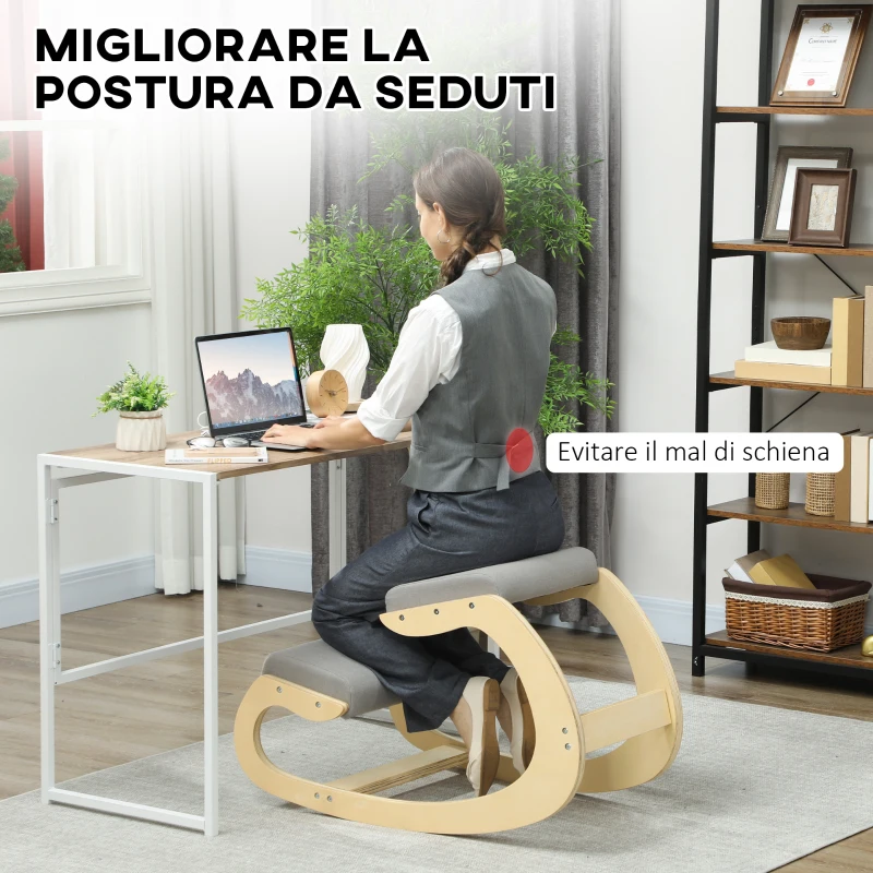HOMCOM Sedia Ergonomica con Inginocchiatoio e Reclinabile, in Tessuto Effetto Lino e Legno, 55x85x55 cm, Grigio Chiaro