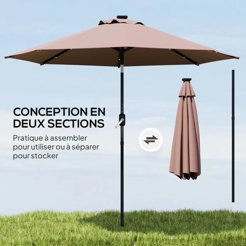 Outsunny Parasol de jardin Parasol droit Parasol Lumineux octogonal inclinable Ø 2,7 m Parasol LED Solaire métal Polyester Haute densité 180 g/m² Chocolat