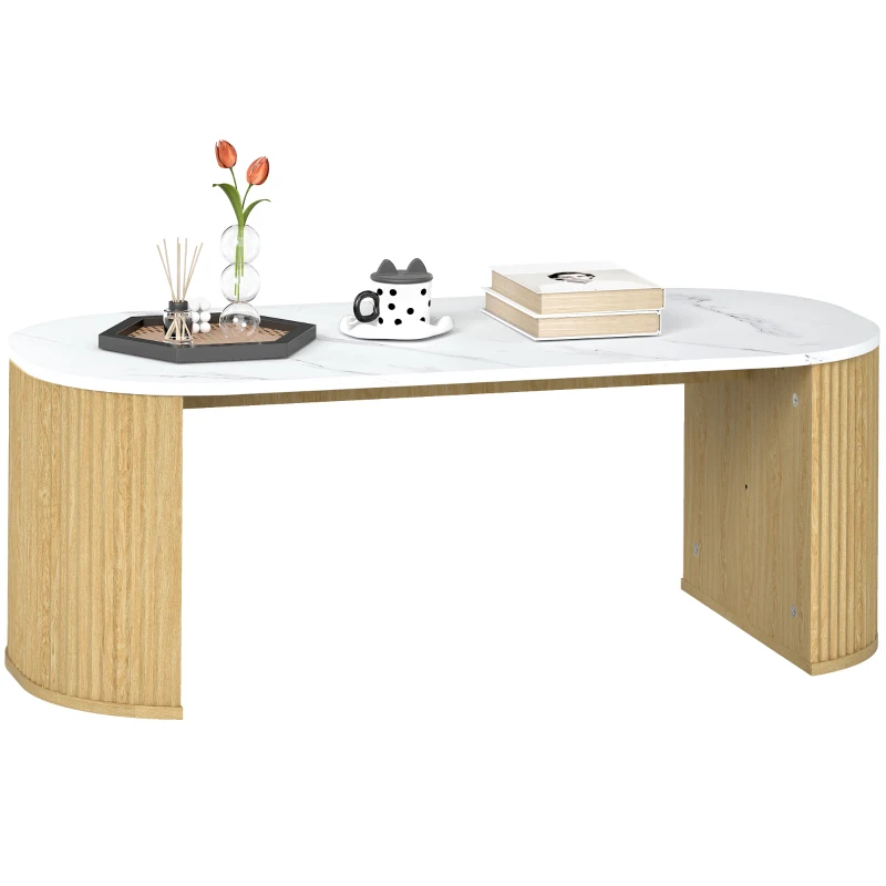 HOMCOM Tavolino ovale, tavolino d'appoggio effetto marmo, angoli arrotondati piedi spessi, 110 x 50 x 40 cm, bianco