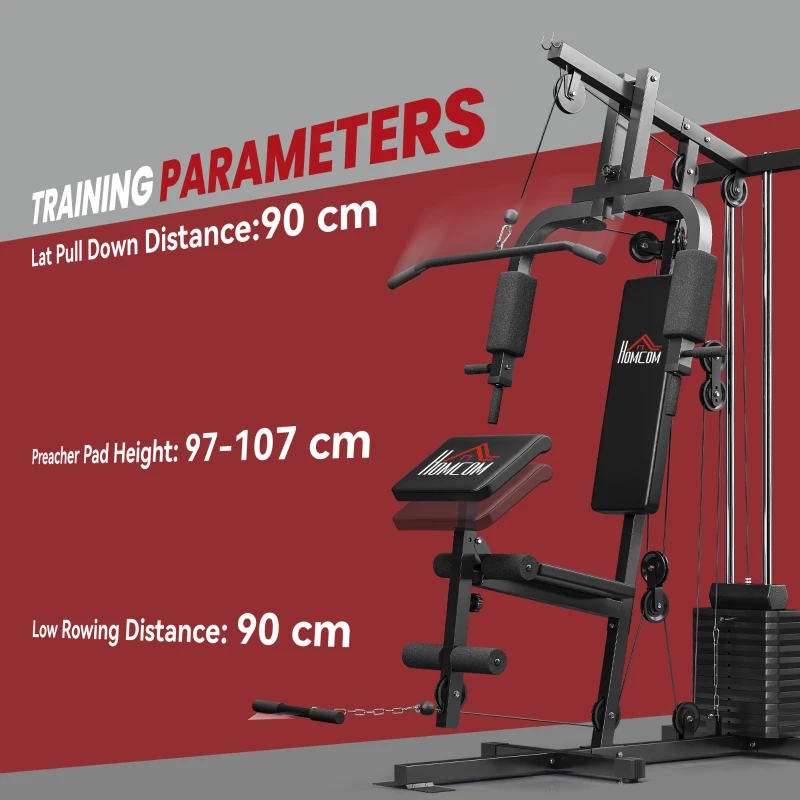 HOMCOM Stație de Fitness pentru Antrenament Acasă cu Scaun și Spătar, Sală de Sport Multifuncțională, 135x103x210 cm, Negru