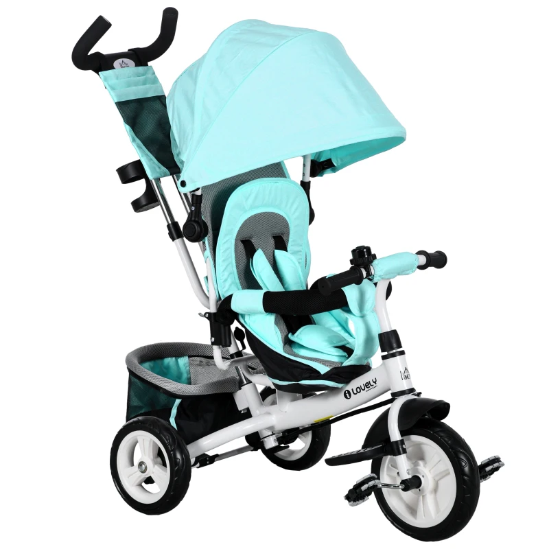 HOMCOM Triciclo para Bebés +12 Meses con Mango de Empuje Telescópico y Desmontable Bolso para Mamá y Portabotellas Verde Mint