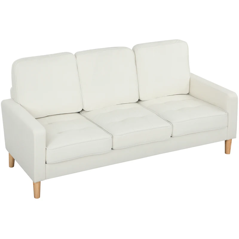 HOMCOM Sofá de 3 plazas con cojines gruesos, madera de caucho, tela, sofá acolchado para sala de estar, oficina, dormitorio, blanco crema
