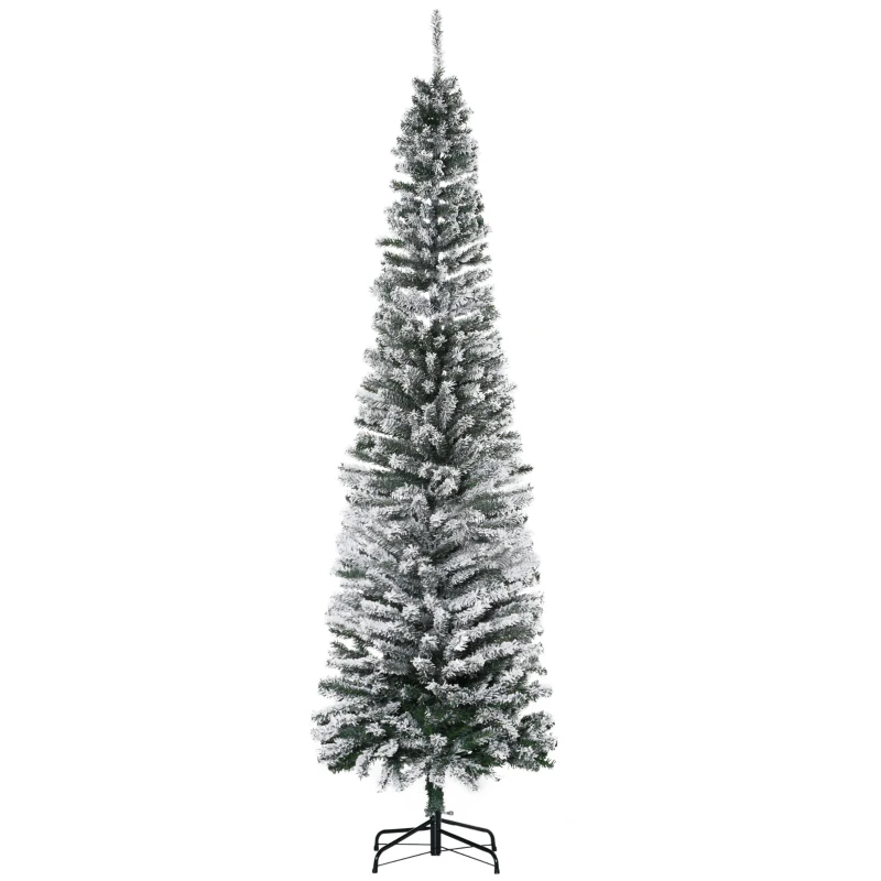 HOMCOM Árbol de Navidad Estrecho 225 cm Árbol Navideño Nevado con 738 Ramas y Soporte de Metal para Salón Verde y Blanco