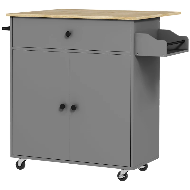 HOMCOM Ilha de Cozinha com Rodas com Lateral Dobrável Gaveta Suporte para Temperos e Prateleira Ajustável 106x42x87 cm Cinza e Carvalho