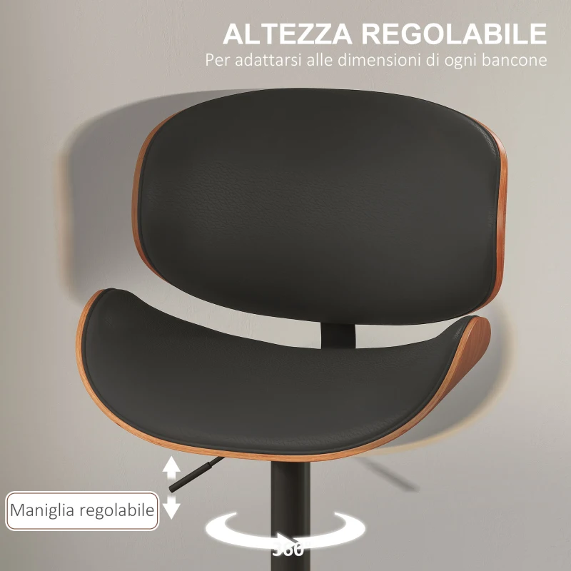 HOMCOM Set 2 Sgabelli da Bar con Schienale Regolabili in Altezza, Legno e Finta Pelle, 53x52x92-112 cm, Nero
