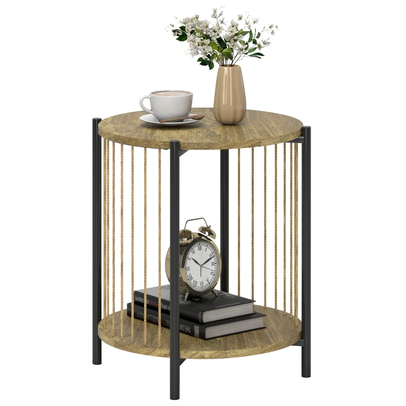 HOMCOM Runder Beistelltisch mit 2 Ebenen und Stahlkonstruktion für Wohnzimmer Schlafzimmer 43,5x43,5x51 cm Natur