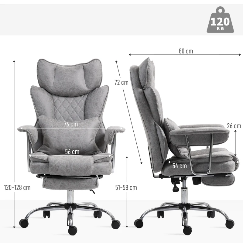 HOMCOM Leathaire Reclining Office Chair with Lumbar Support Pillow - Grey