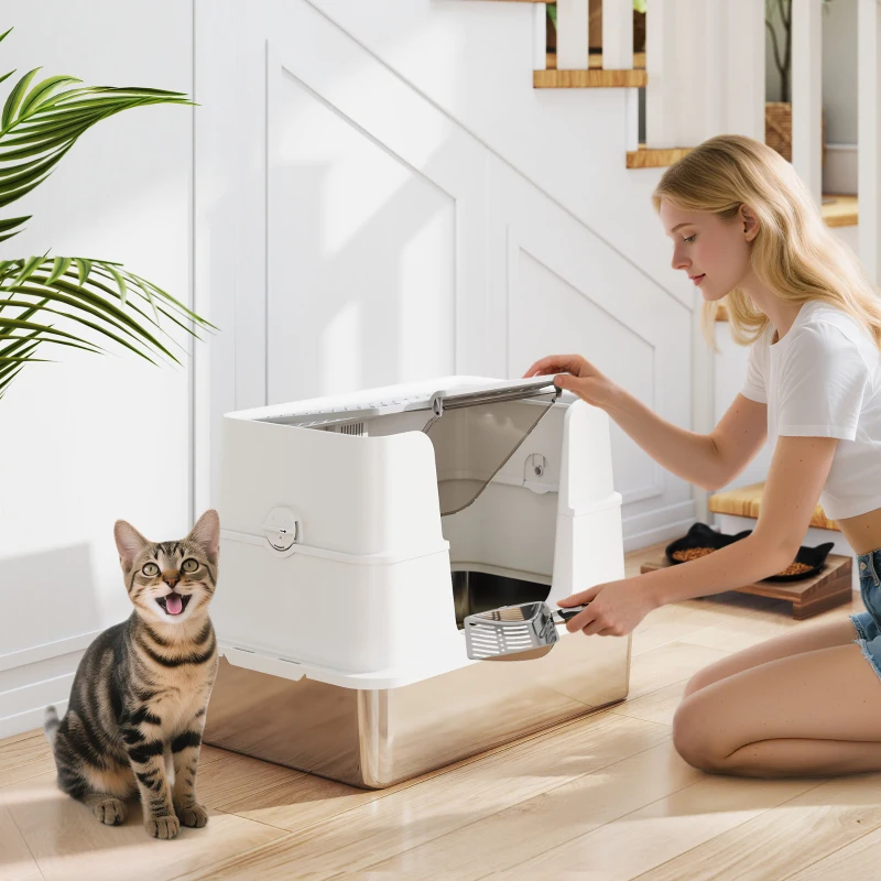 PawHut Arenero para Gatos de Acero Inoxidable XL con Tapa Abatible Laterales Altos Pala Fácil de Limpiar Antifugas Gris Claro